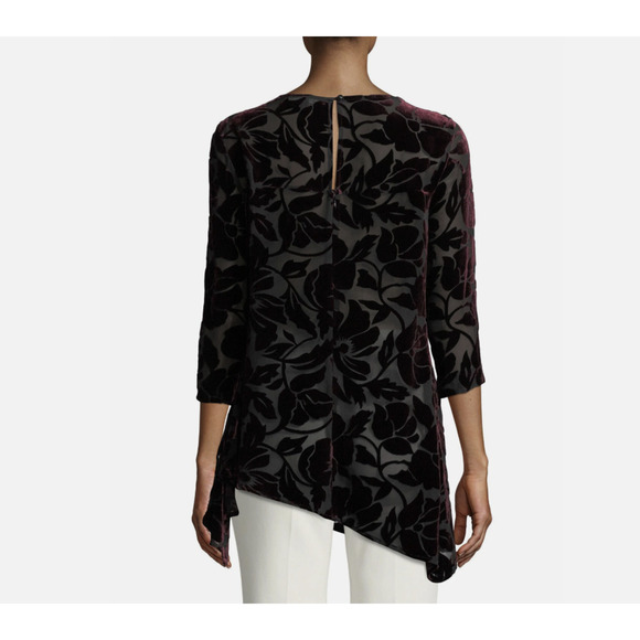 St John Blouse Velvet Floral Burnout Asymmetric Top Purple Sheer Artsy Size 12 - Picture 2 of 8